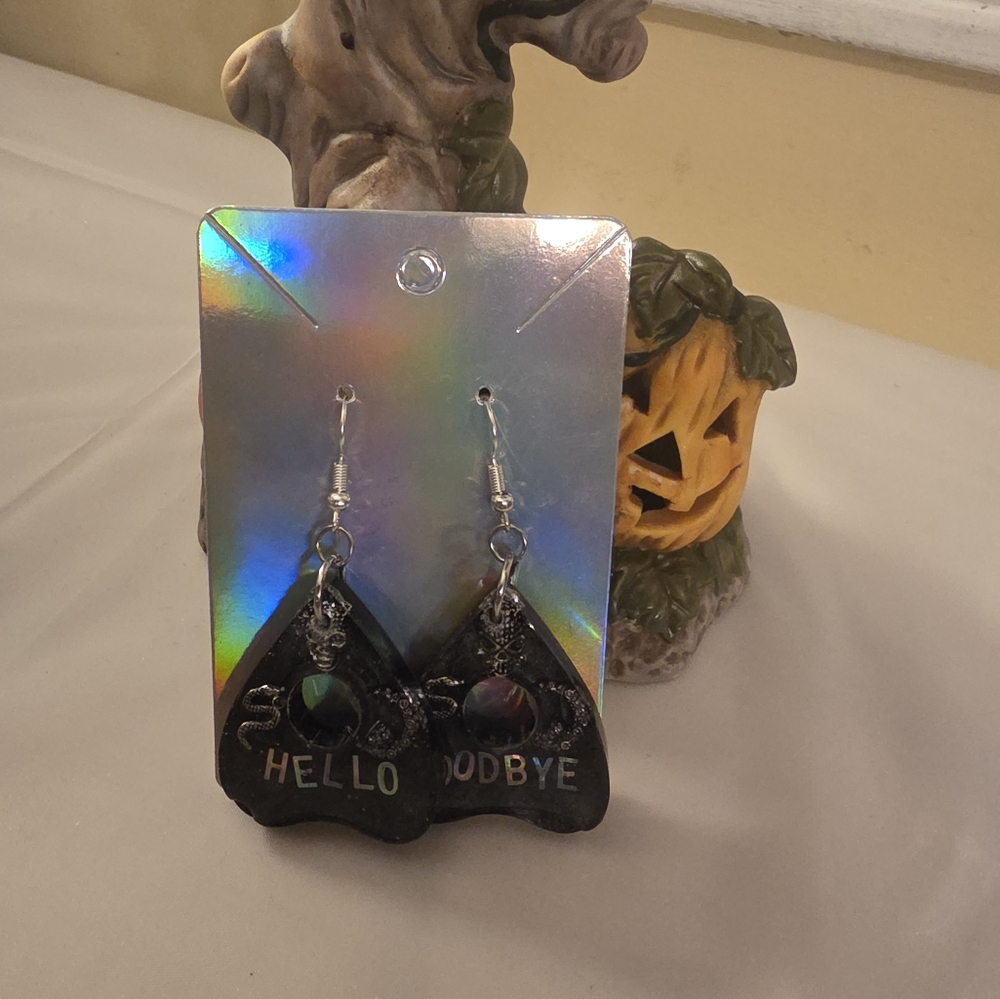 Black Ouija Planchette Resin Handmade Long Dangle Drop Hook Earrings